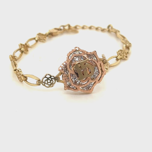 Pulsera Flor Quinceañera Oro 10K con Circonitas Cúbicas