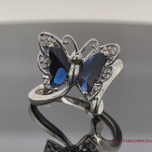 Anillo Mariposa Azul Oro Blanco 14K