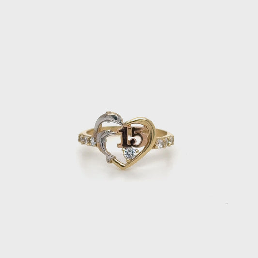 Anillo Corazón Quinceañera 14K Doble Tono Cristal Incrustado