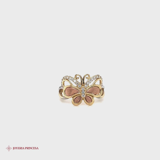 Anillo de oro de 14 quilates con mariposa y circonitas