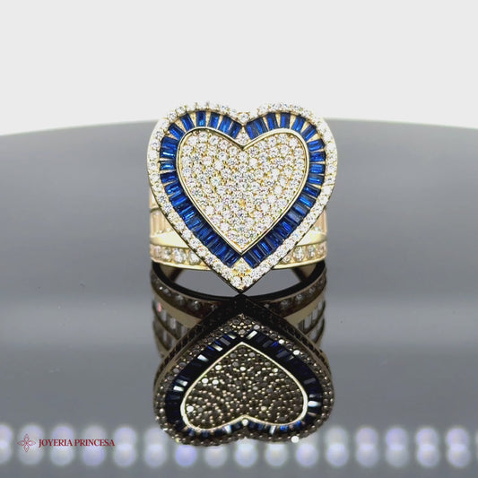 Anillo Baguette Corazón Azul 14K