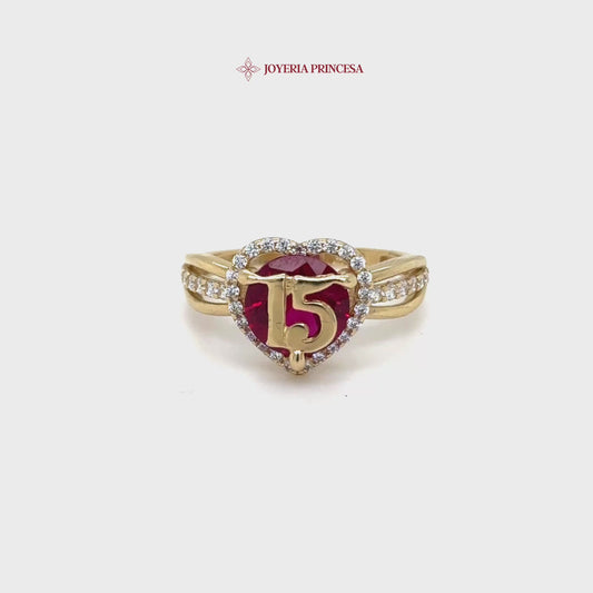 Anillo Quinceañera Oro 14K con Corazón Rojo