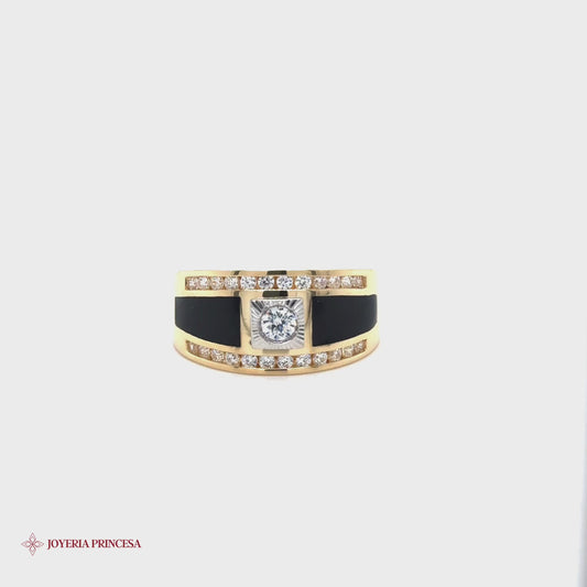 Elegante anillo de oro de 14 quilates con esmalte negro y detalles de circonitas