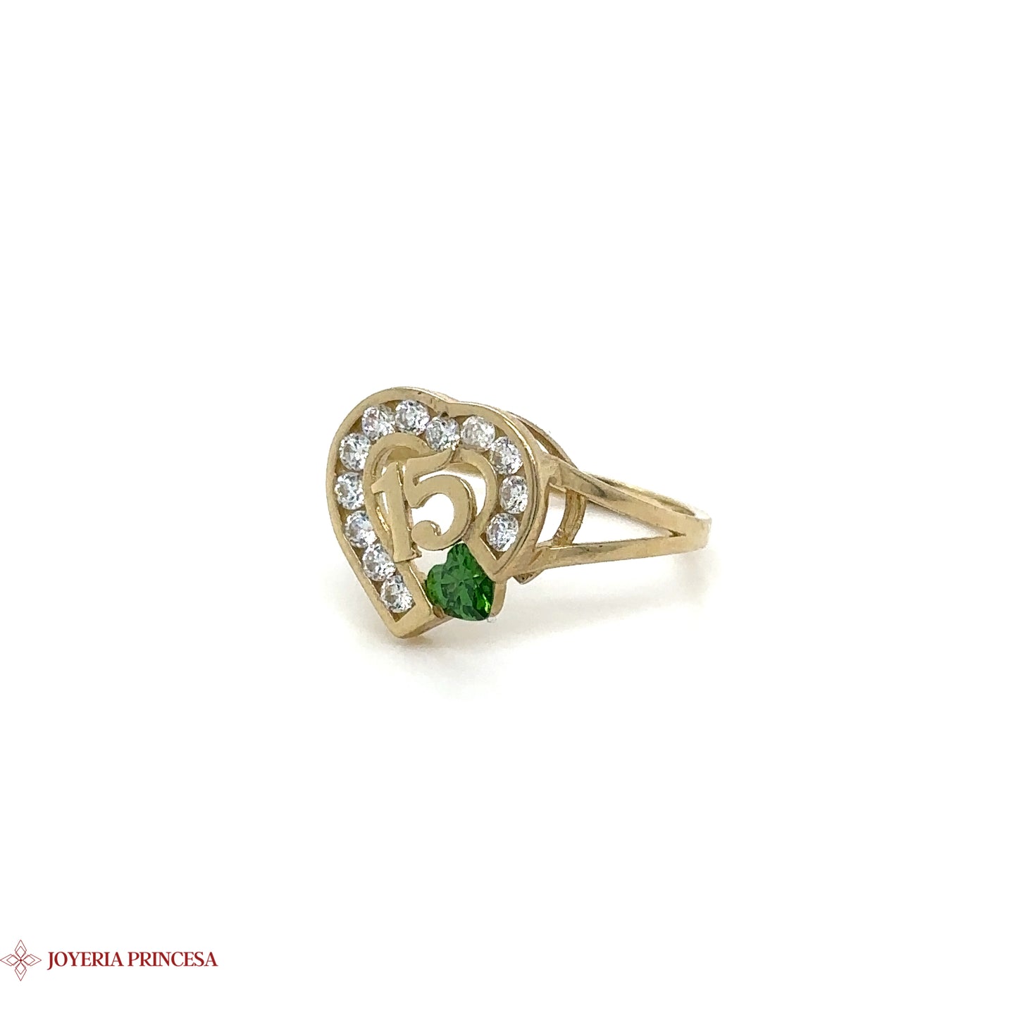 10K Gold Quinceañera Heart Ring with Green Gem