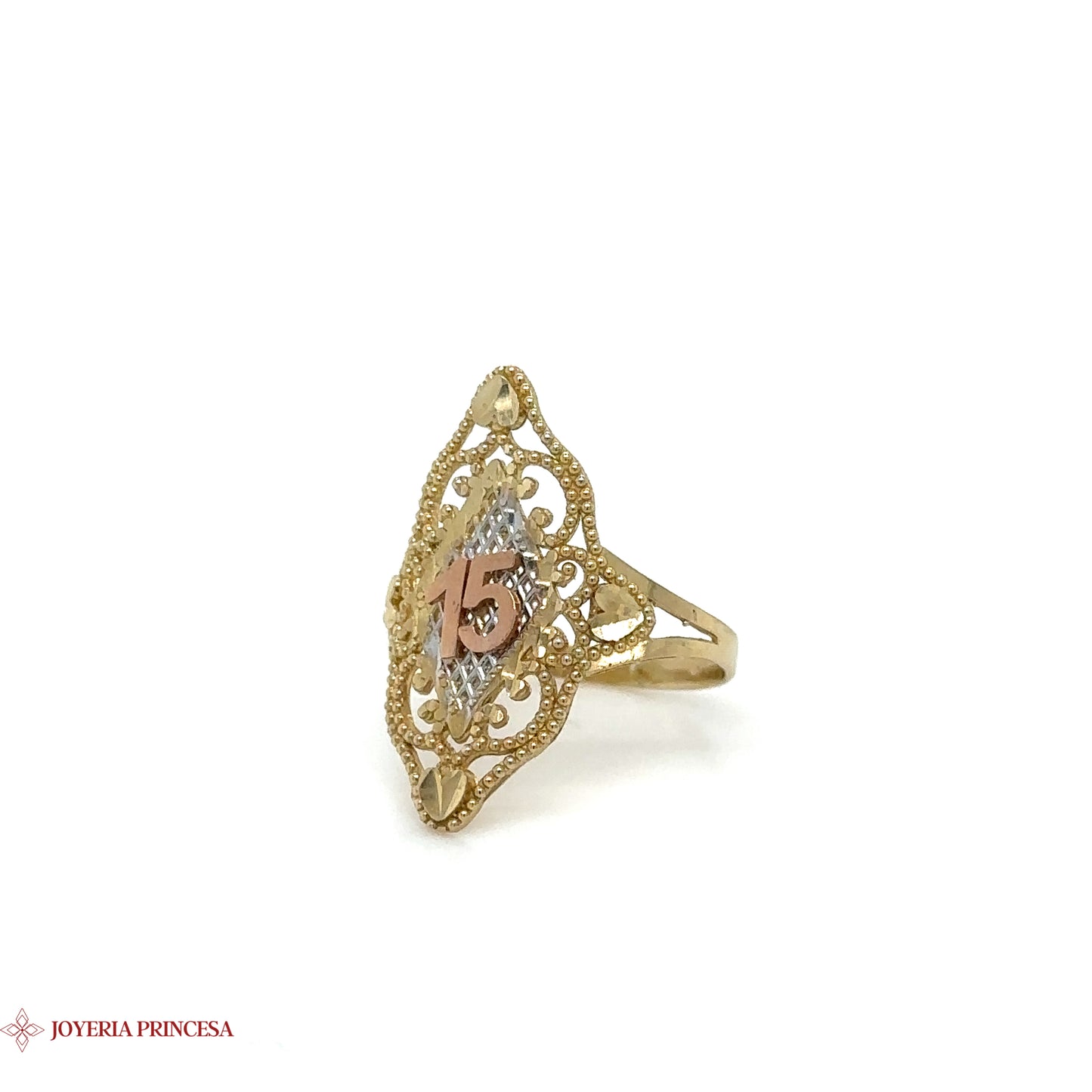 14K Gold Filigree Quinceañera Shield Ring