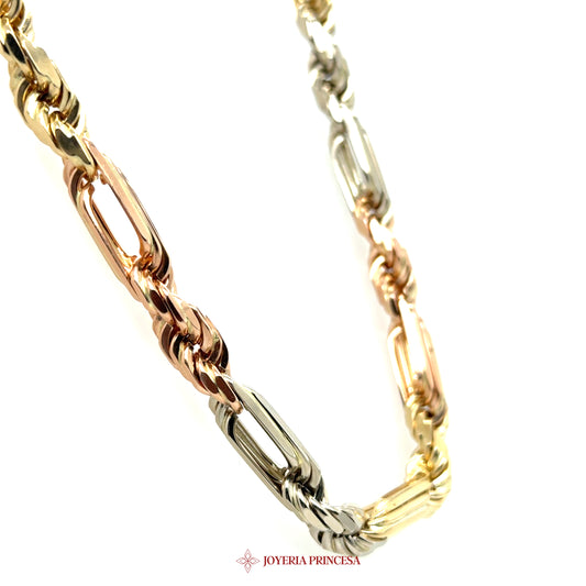 14K 26in 7.3mm Three-Tone Milano Figarope Chain