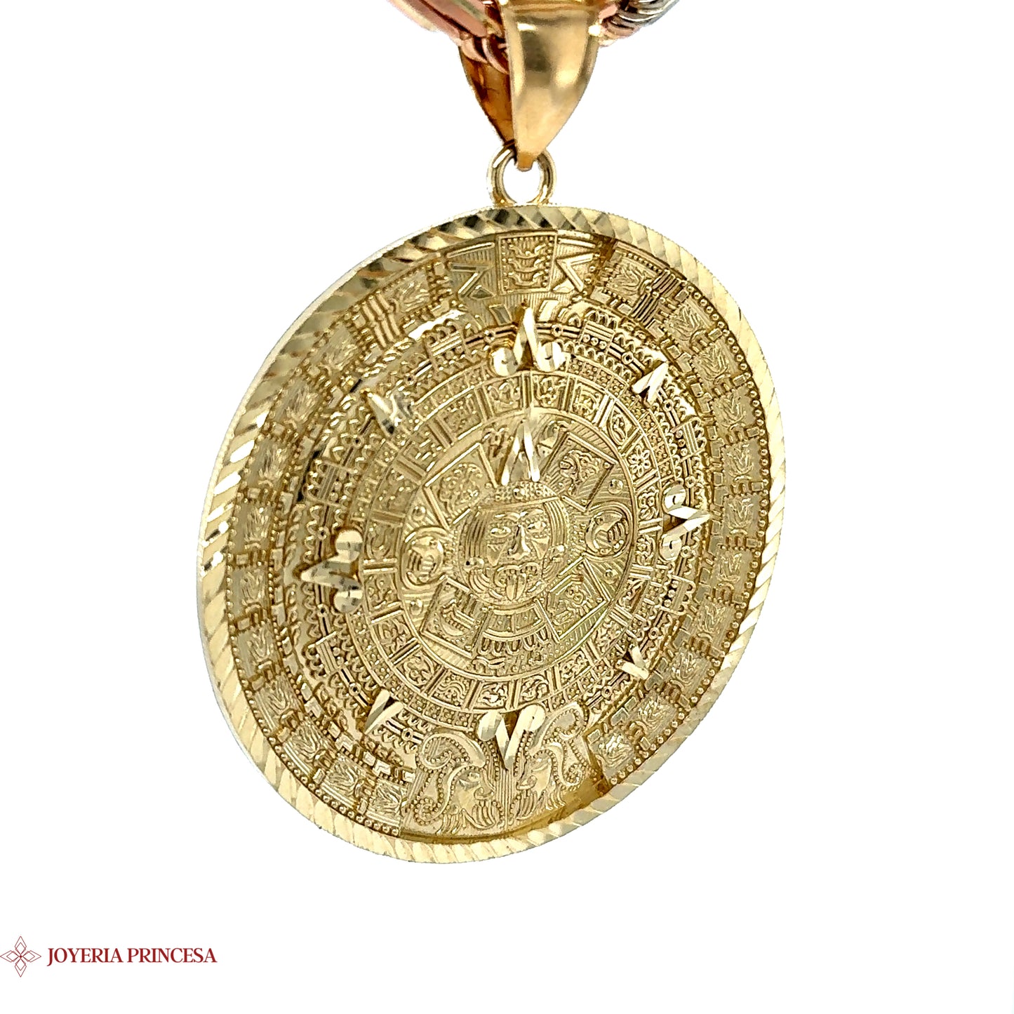 14K Gold Diamond-Cut Aztec Calendar Medallion Pendant