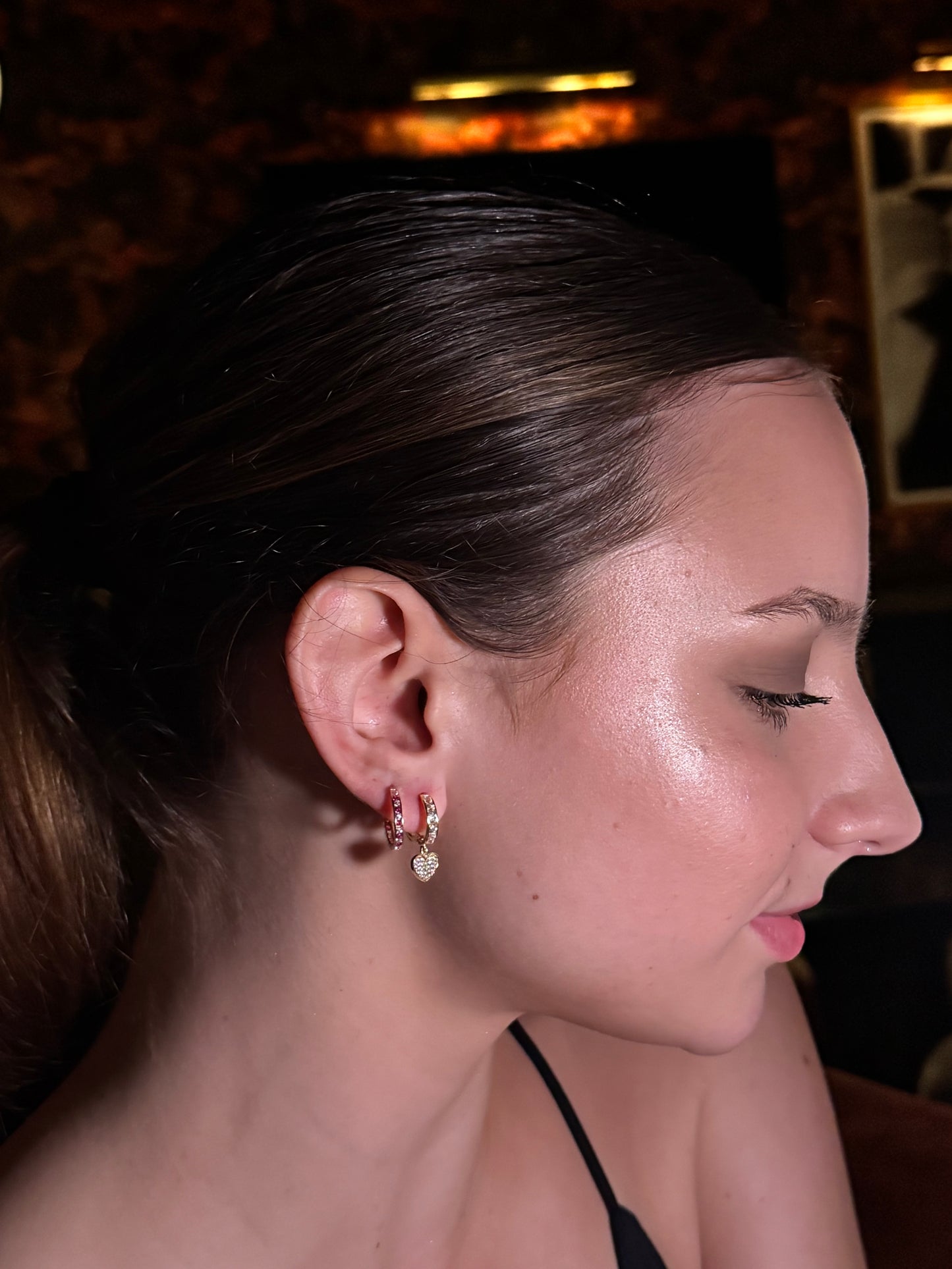 14K Gold Hoop Earrings with Heart Dangles