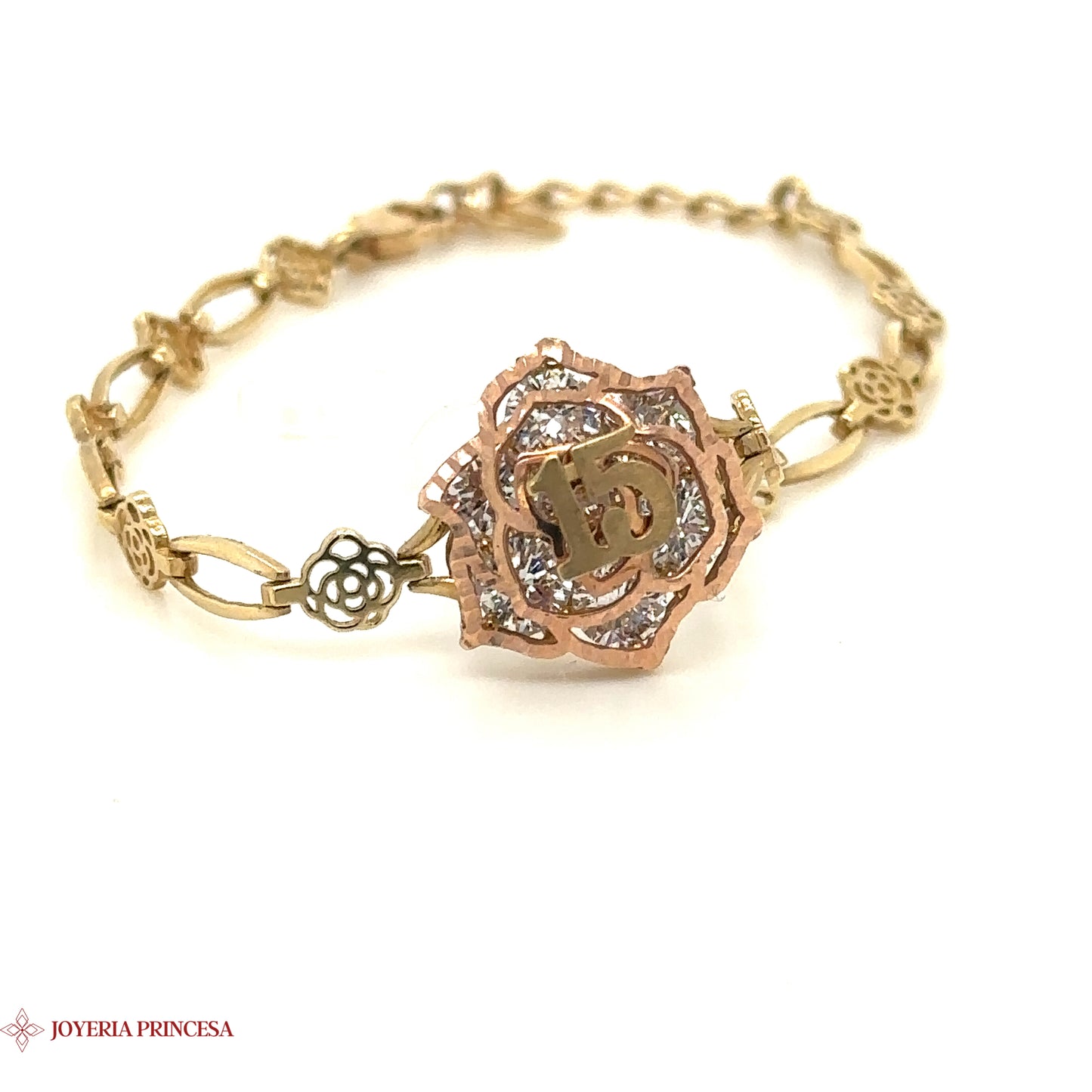 10K Gold Quinceañera Flower Bracelet with Cubic Zirconias