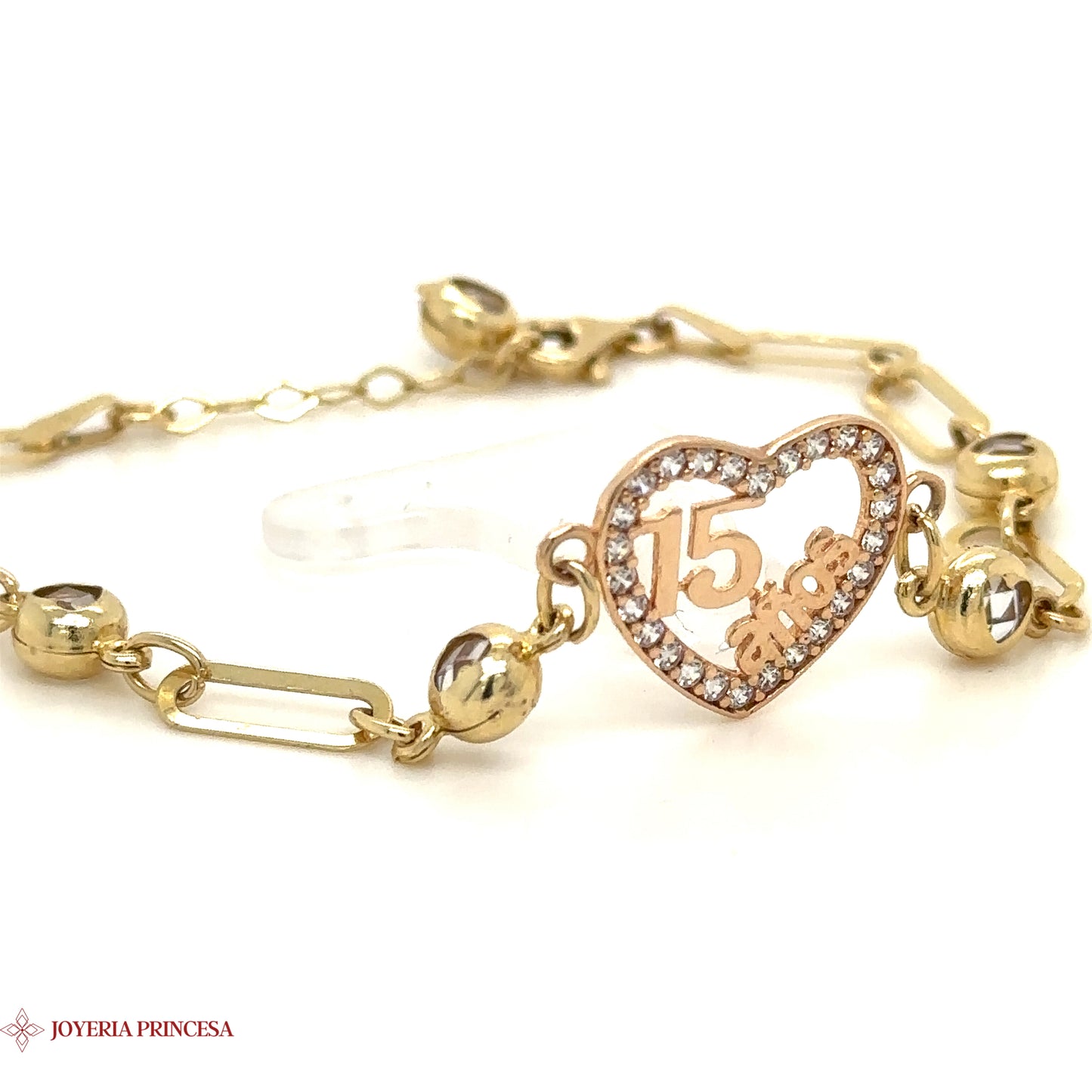 14K Gold Quinceañera Bracelet with Dangling Heart Charm & Crystal Accents