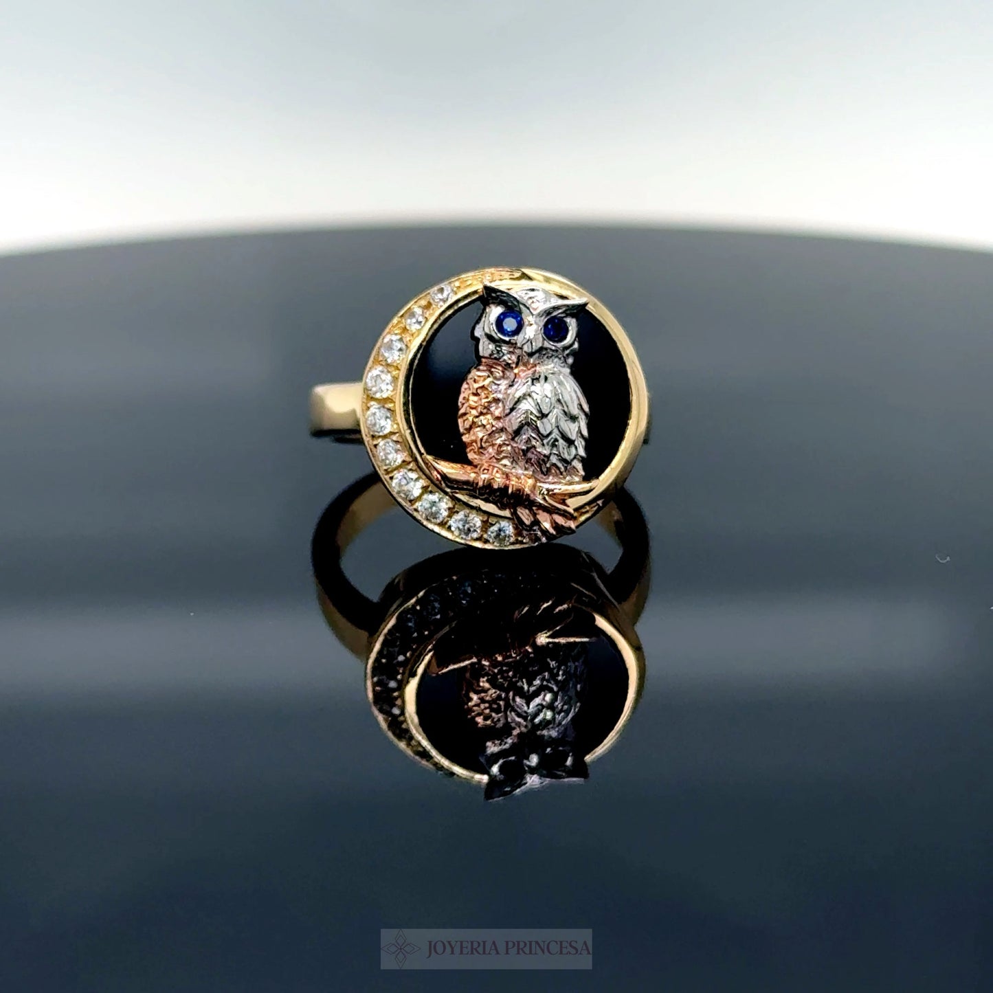 14K Owl and Moon Ring