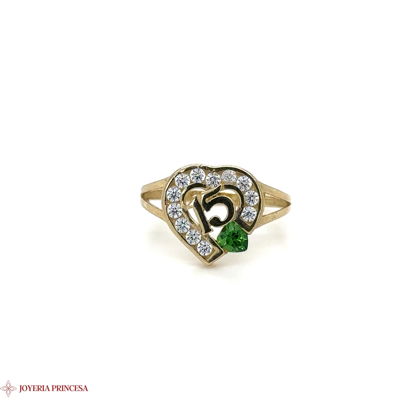 10K Gold Quinceañera Heart Ring with Green Gem