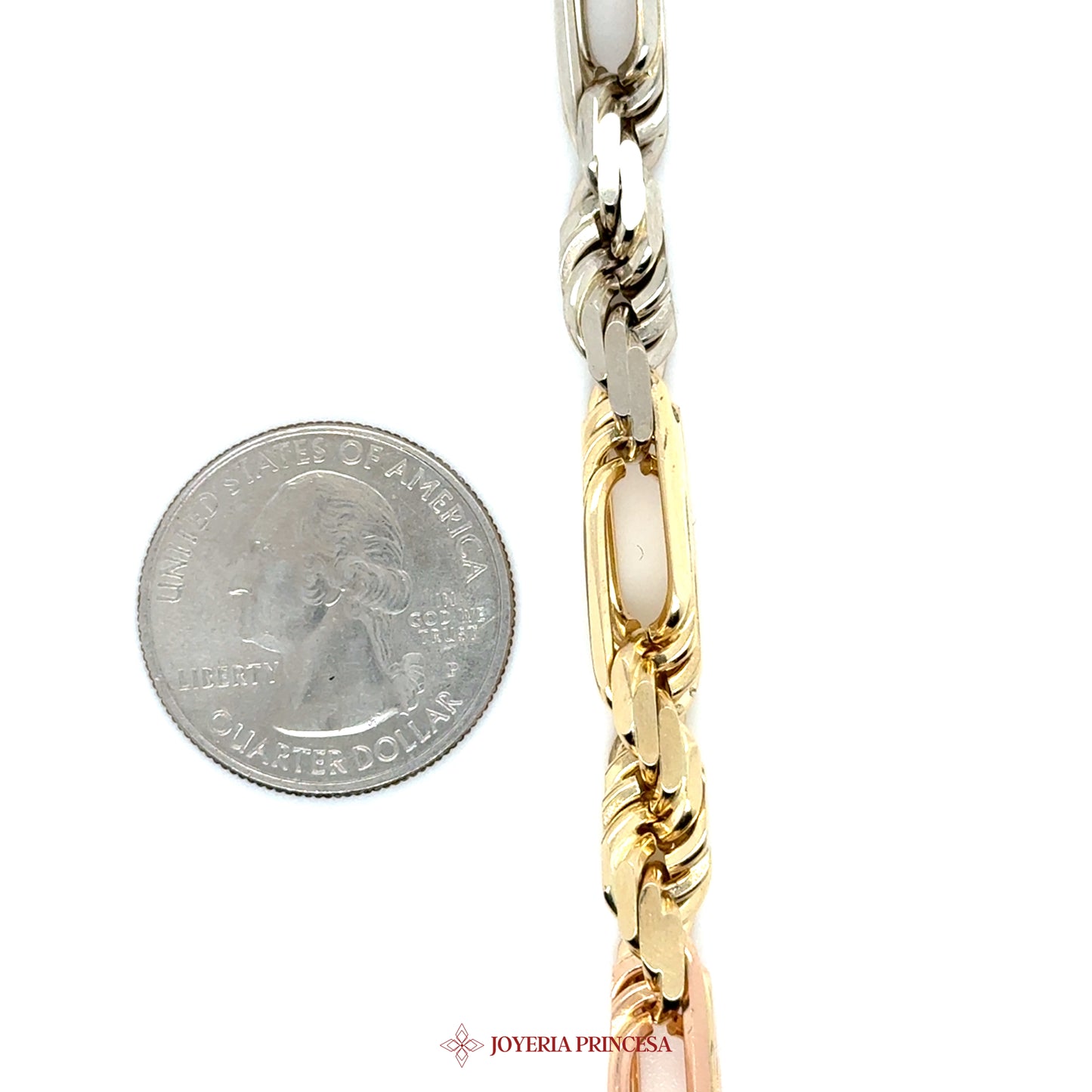 14K 26in 7.3mm Three-Tone Milano Figarope Chain