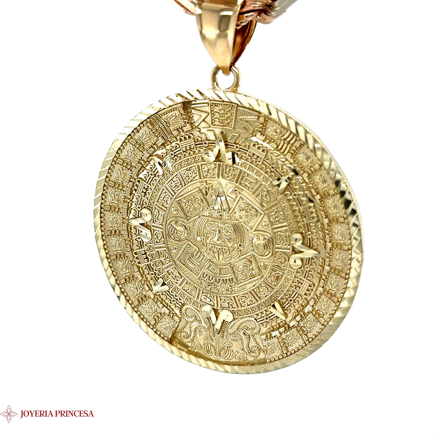 14K Gold Diamond-Cut Aztec Calendar Medallion Pendant