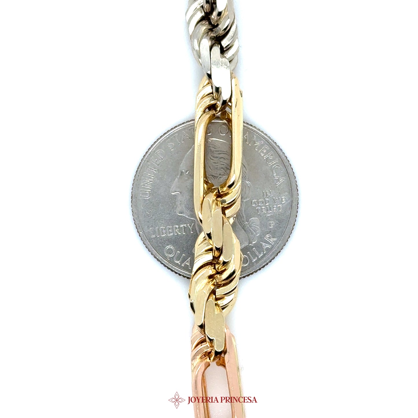 14K 26in 7.3mm Three-Tone Milano Figarope Chain