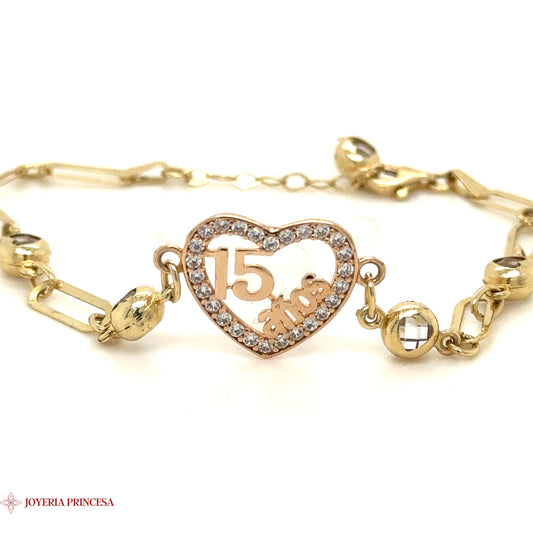 14K Gold Quinceañera Bracelet with Dangling Heart Charm & Crystal Accents