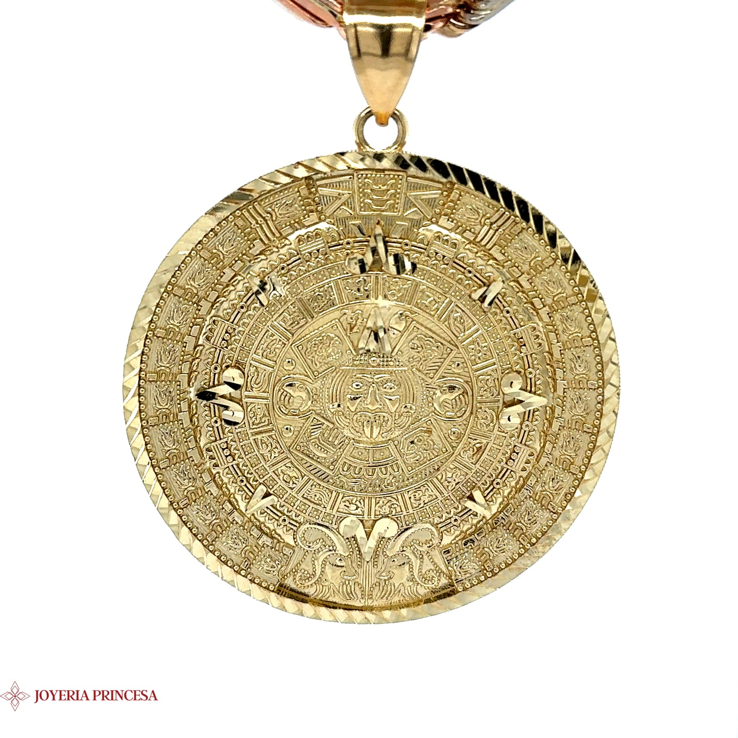 14K Gold Diamond-Cut Aztec Calendar Medallion Pendant