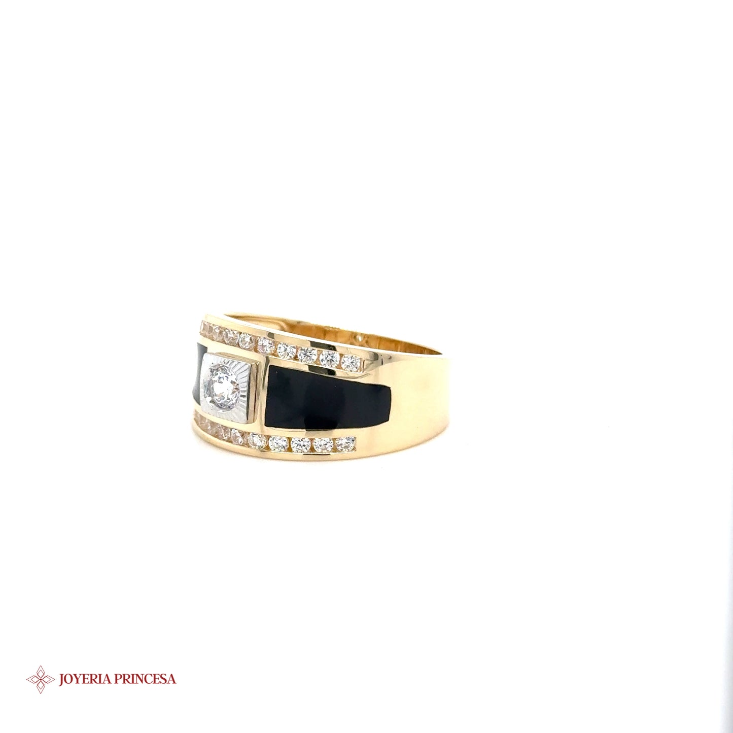 Elegant 14K Gold Ring with Black Enamel and Zirconia Accents