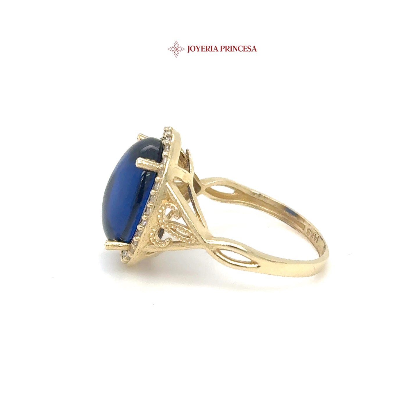 14K Gold Blue Cabochon Ring with Zirconia Halo