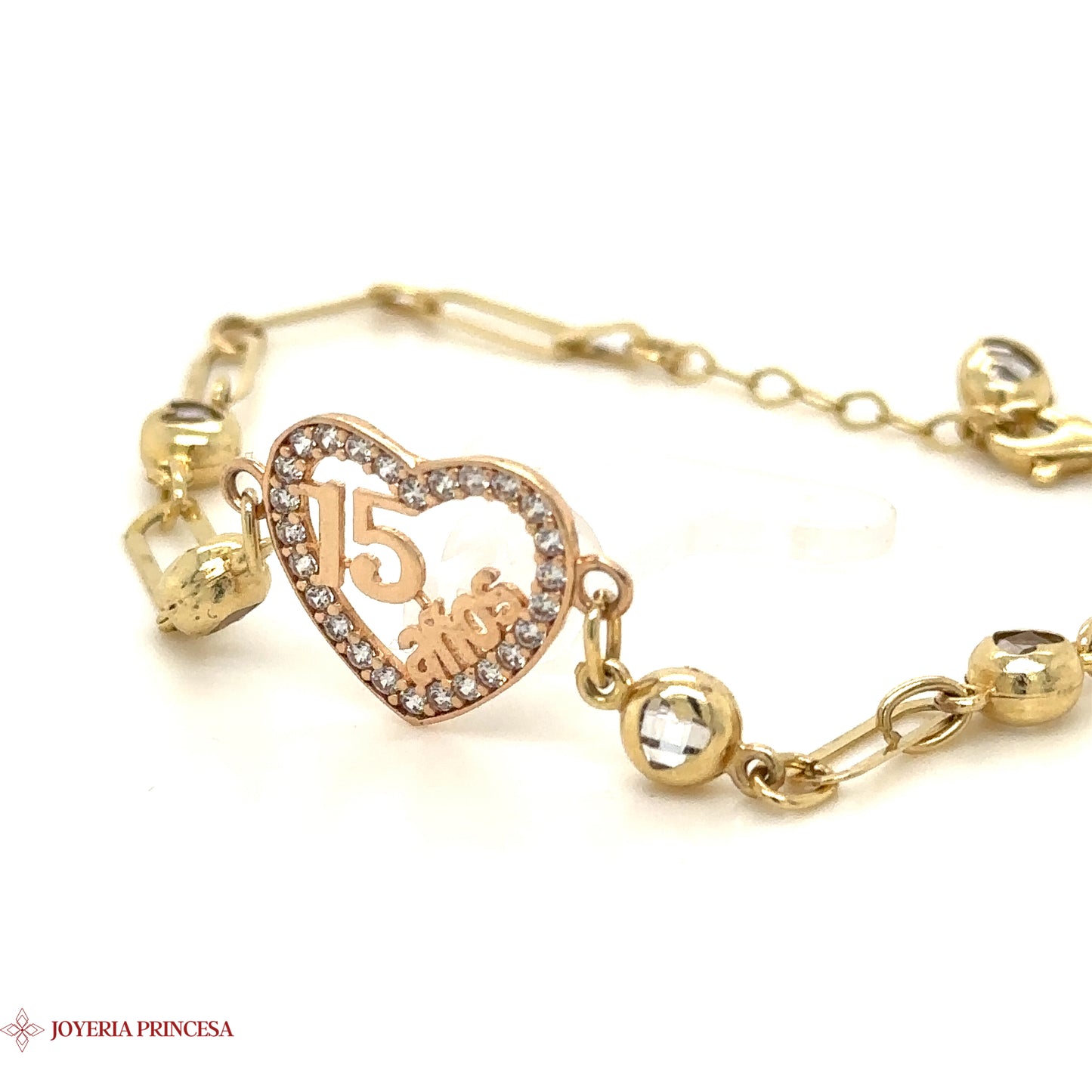 14K Gold Quinceañera Bracelet with Dangling Heart Charm & Crystal Accents