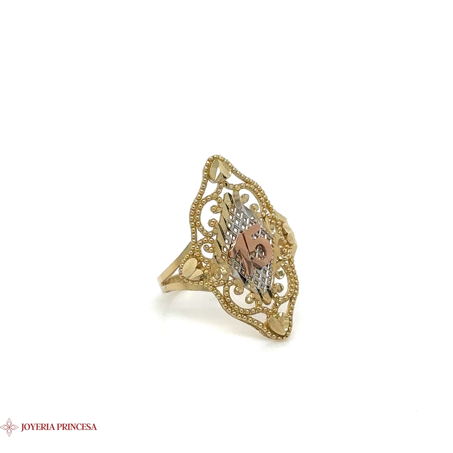 14K Gold Filigree Quinceañera Shield Ring