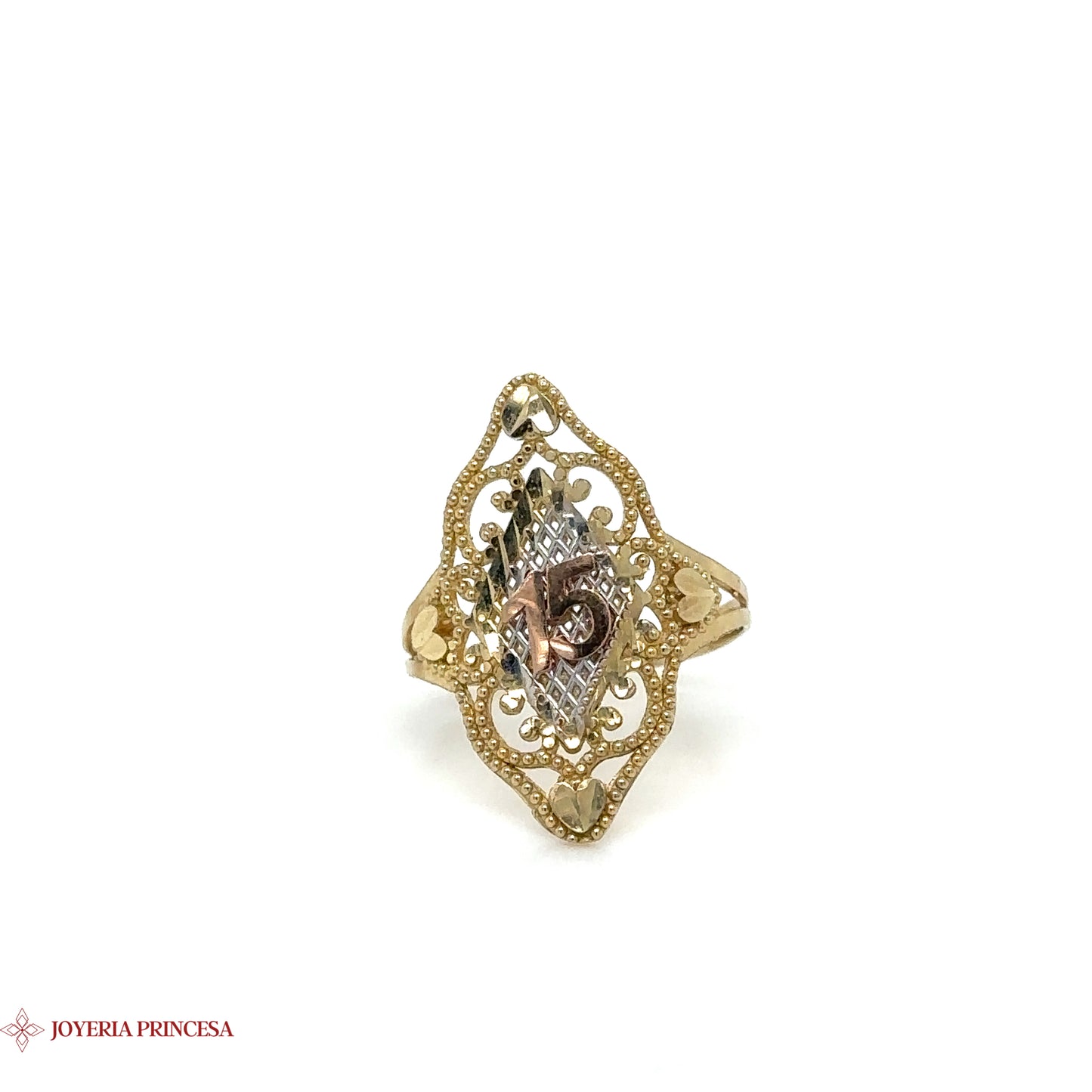 14K Gold Filigree Quinceañera Shield Ring