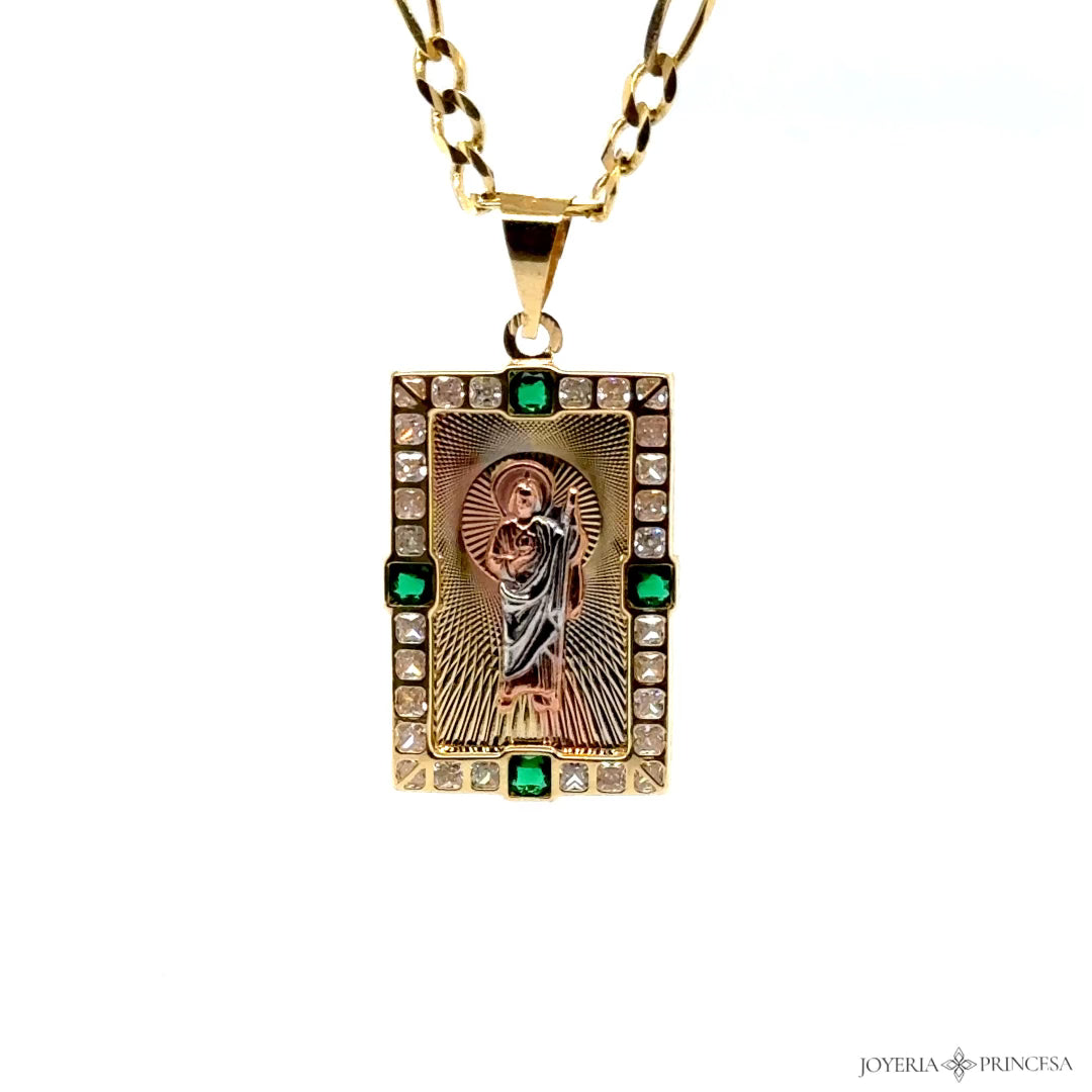 14K San Judas Gold Pendant with Green Gemstones