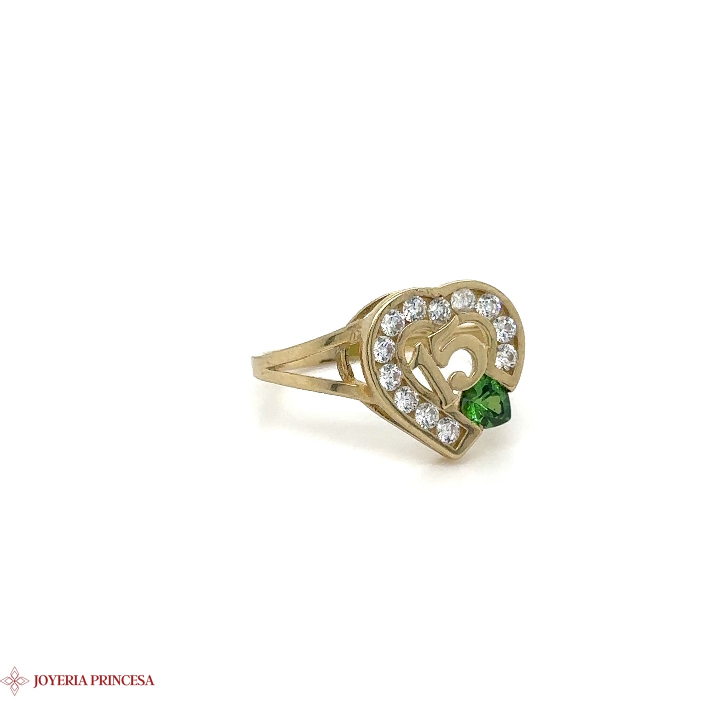 10K Gold Quinceañera Heart Ring with Green Gem