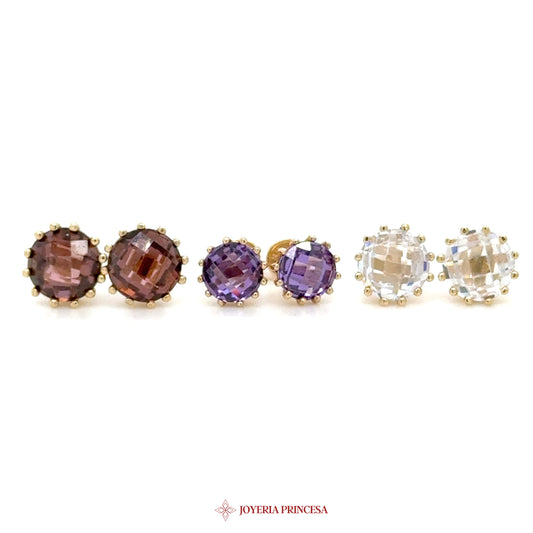 14K Gold Round Checkerboard Stud Earrings