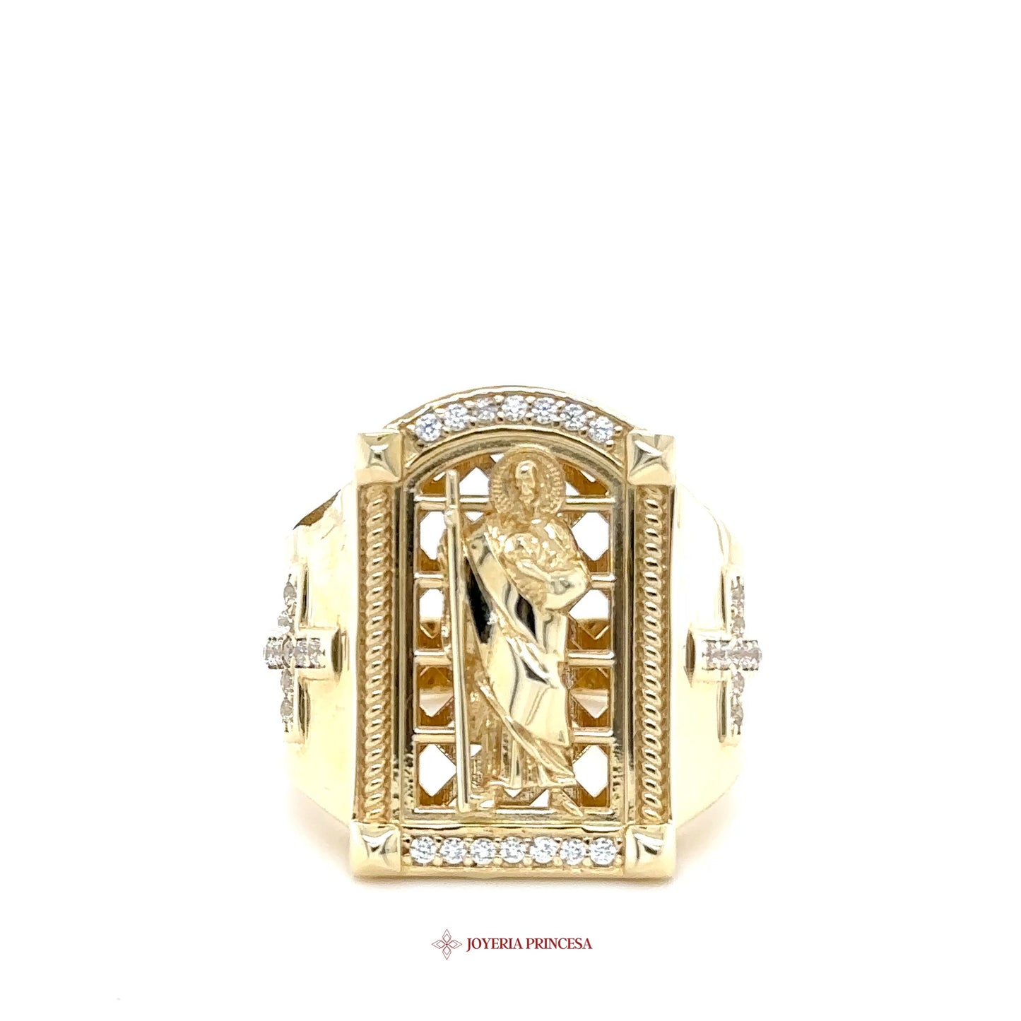 14K San Judas Ring with Cross Motif and CZ Accents