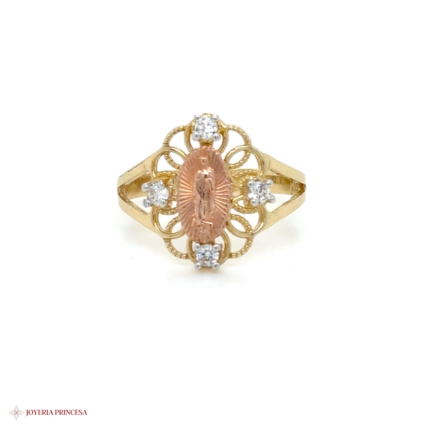 14K Gold Virgen de Guadalupe Ring with CZ Stones