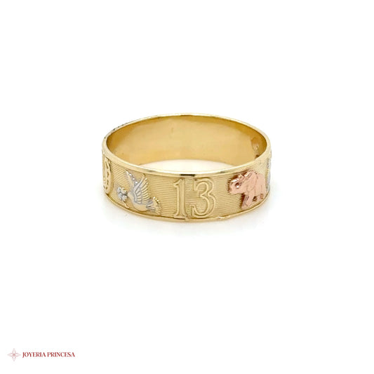 14K Three-Tone Ring with Virgen de Guadalupe and Elephant Motif
