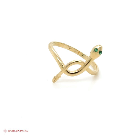 14K Gold Snake Ring with Green Stones