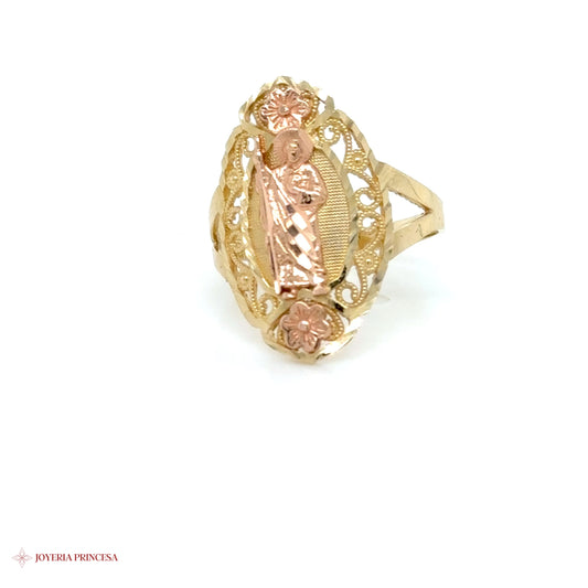 14K Two-Tone San Judas Ring with Floral Motif