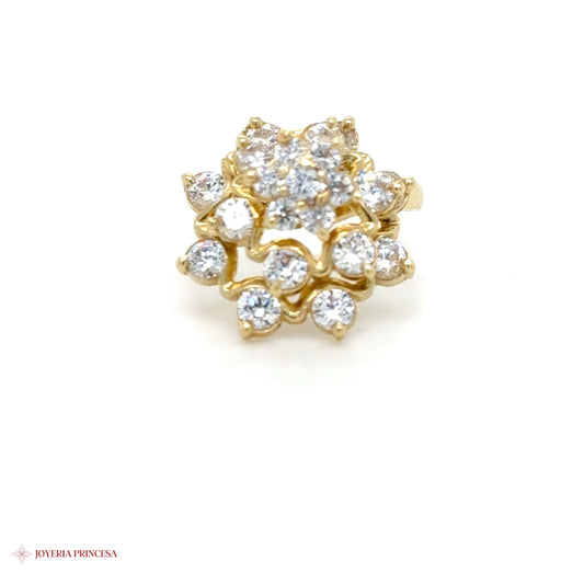 14K Gold Floral Motif Ring with Simulated Diamonds [UN-0024]