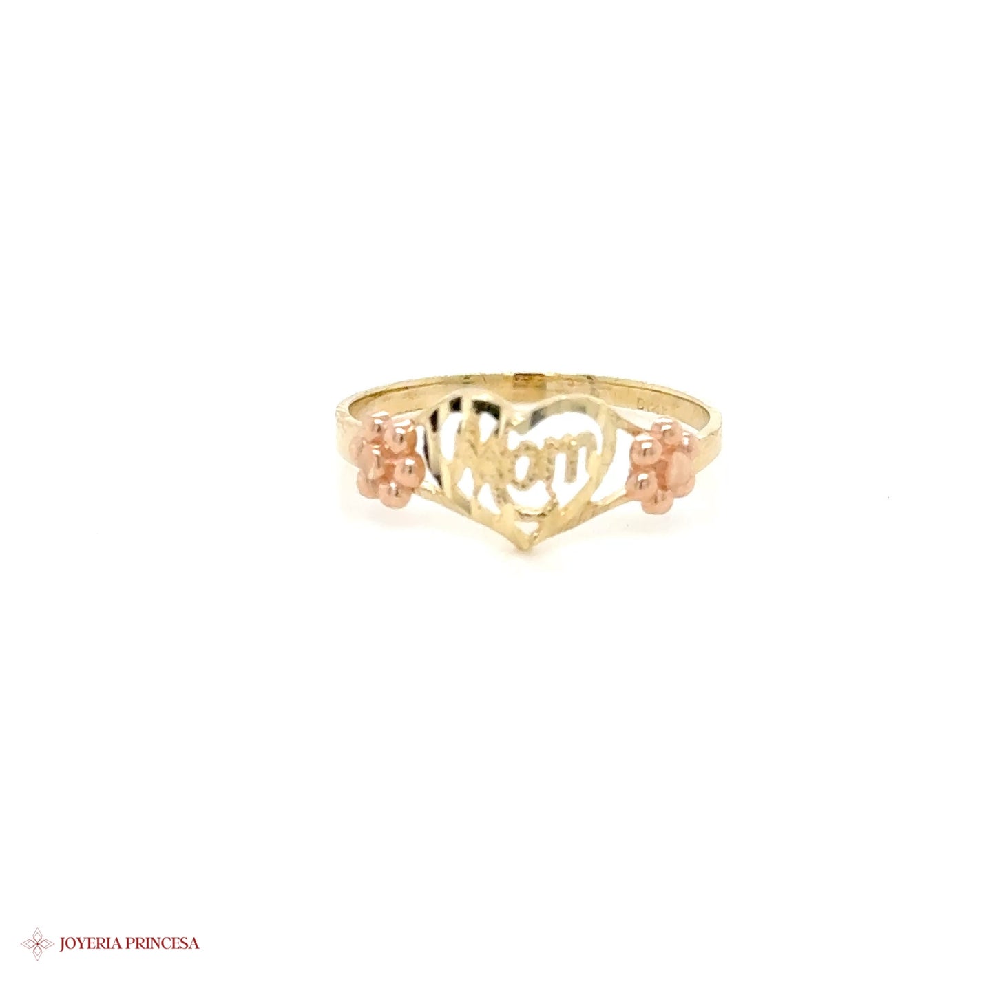 14K Two-Tone Heart Mom Ring with Floral Accents