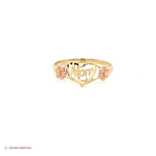14K Two-Tone Heart Mom Ring with Floral Accents
