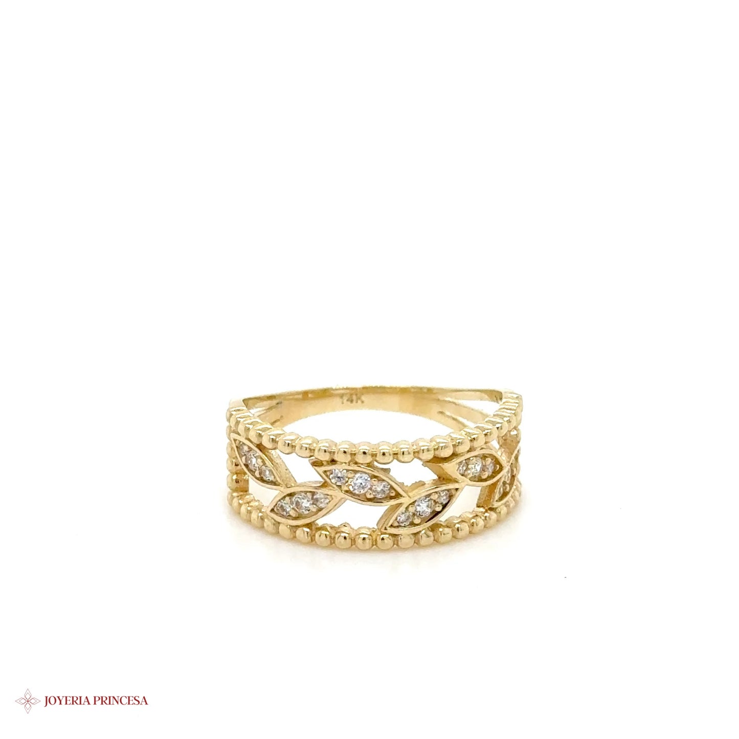 14K Gold Leaf Motif Ring with Simulated Diamonds