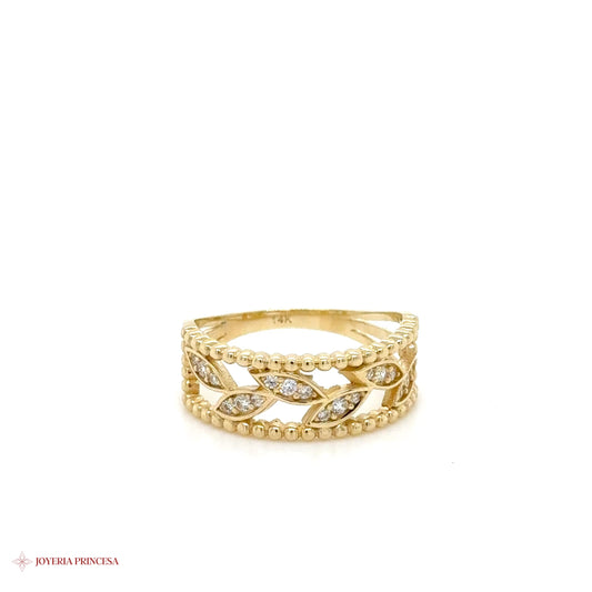 14K Gold Leaf Motif Ring with Simulated Diamonds