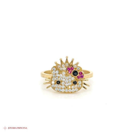 14K Gold Hello Kitty Crown Ring with Colored Stones