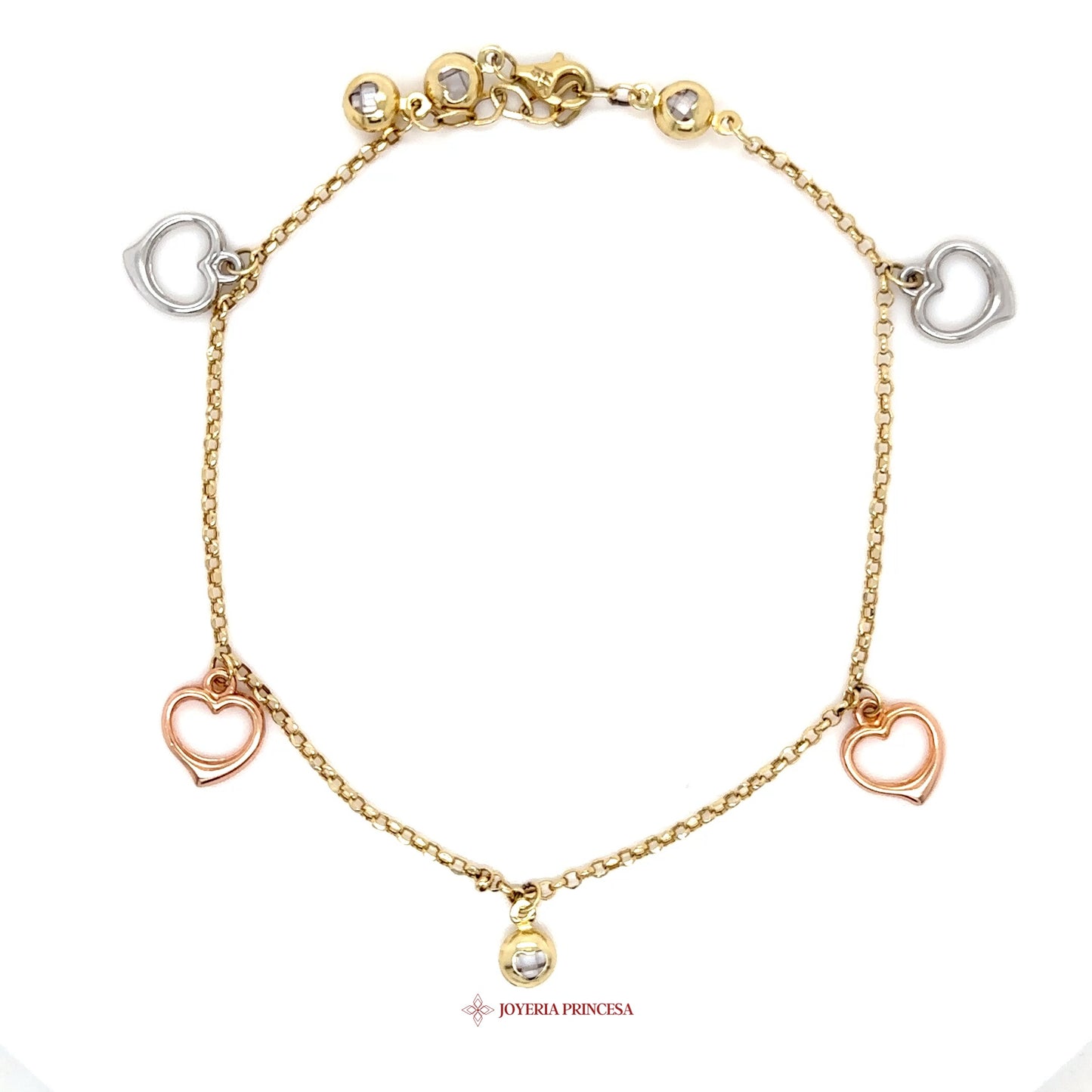 14K Heart Motif Anklet with Double Hearts and Charm
