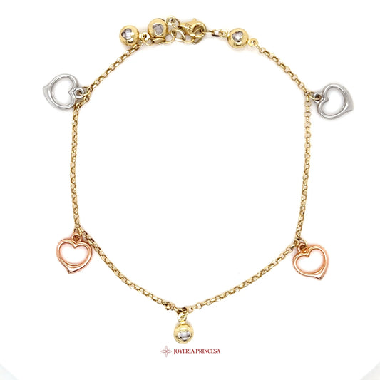 14K Heart Motif Anklet with Double Hearts and Charm