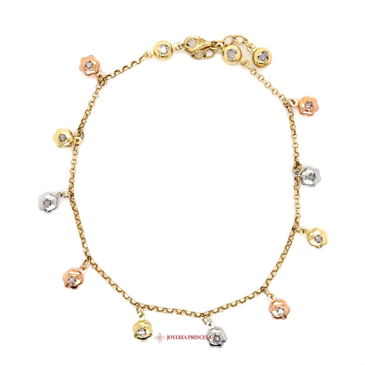 14K Gold Floral Charm Anklet with Mixed Metal Flowers