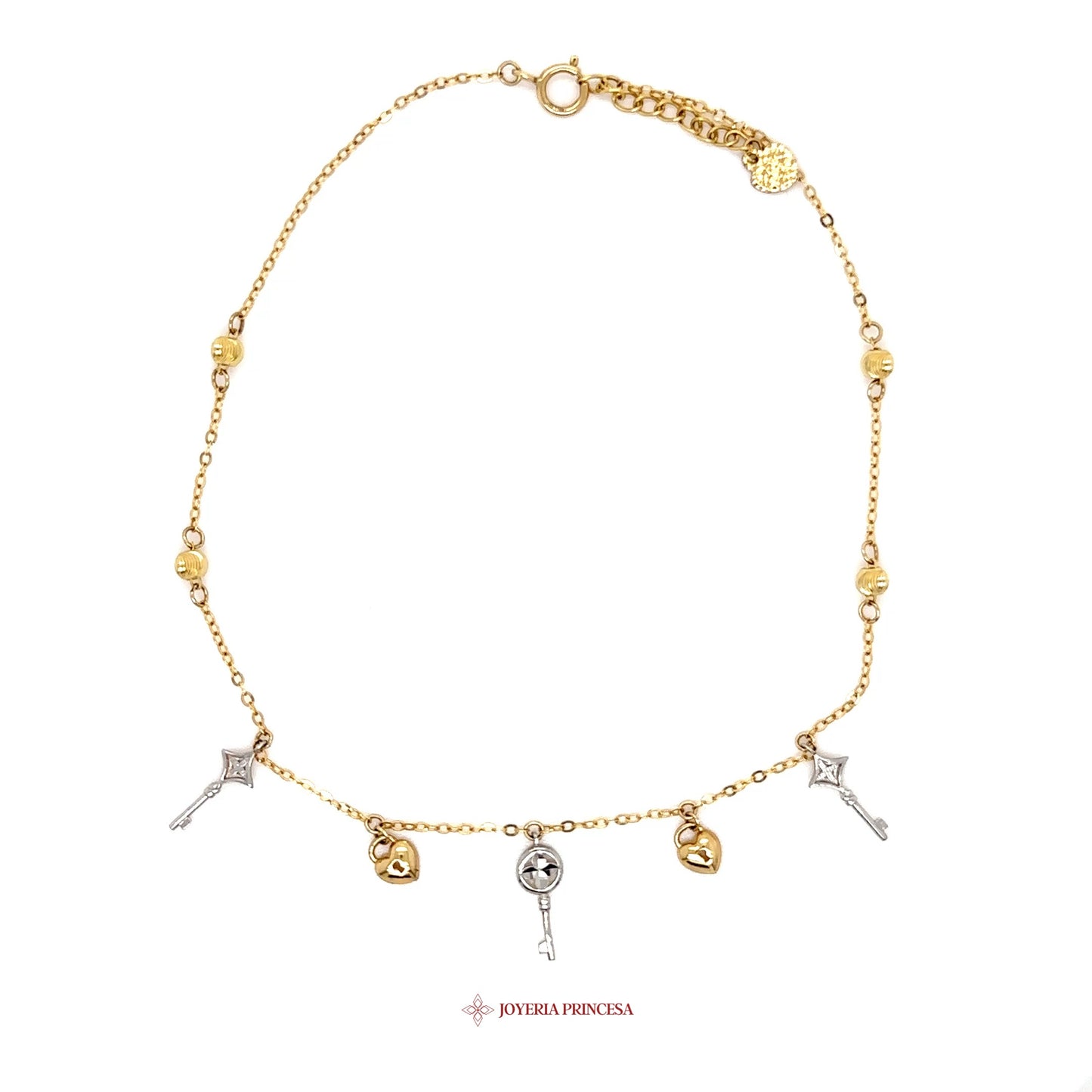 14K Gold Charm Anklet with Keys and Hearts
