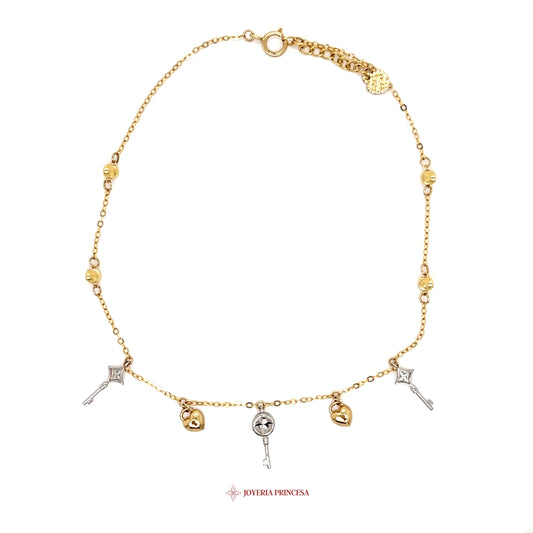 14K Gold Charm Anklet with Keys and Hearts