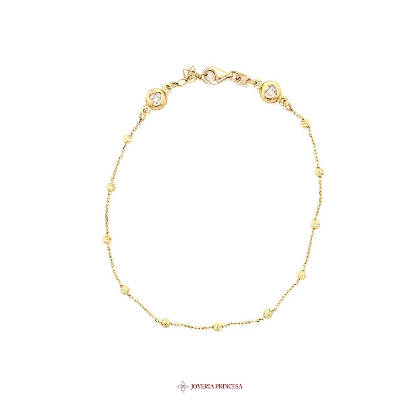 14K Gold Bracelet with Twisted Beads and Clear Stones
