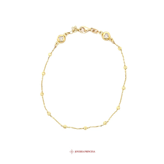 14K Gold Bracelet with Twisted Beads and Clear Stones