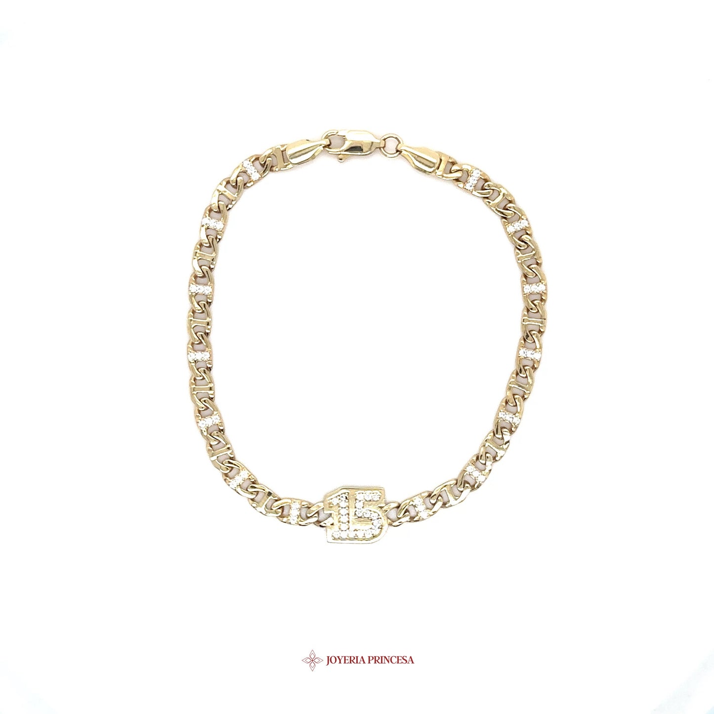 14K Gold Quinceañera Bracelet with 15 Motif and CZ Stones
