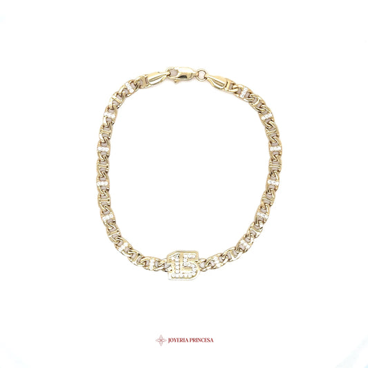 14K Gold Quinceañera Bracelet with 15 Motif and CZ Stones