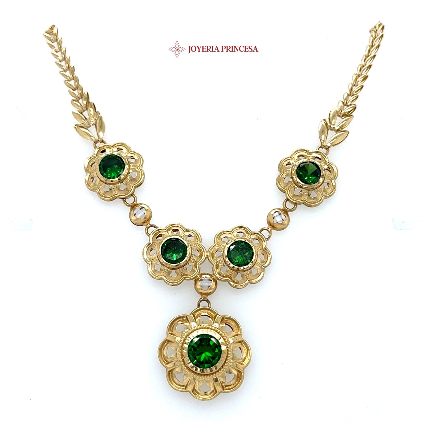 14K 16in Floral Gold Necklace with Green Gems